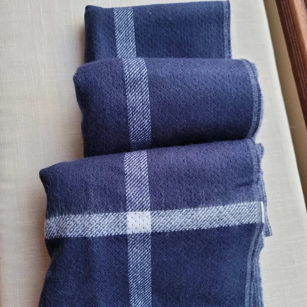 New! J.Crew Reversible Navy Blue White Blanket Scarf Plaid Polka Dots NWT